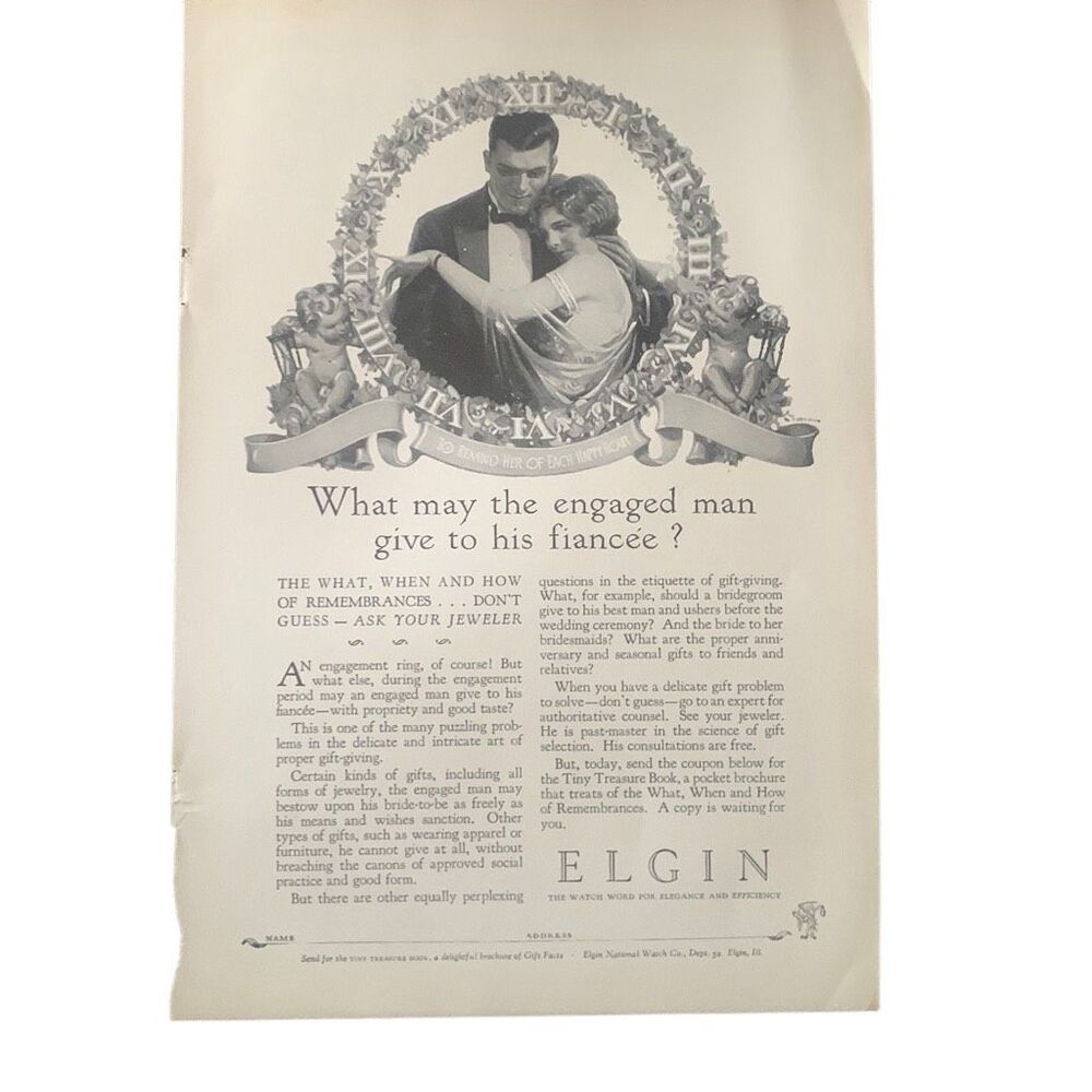 Vintage 1927 Elgin Engaged Man Give to His Fiancée Ad Advertisement